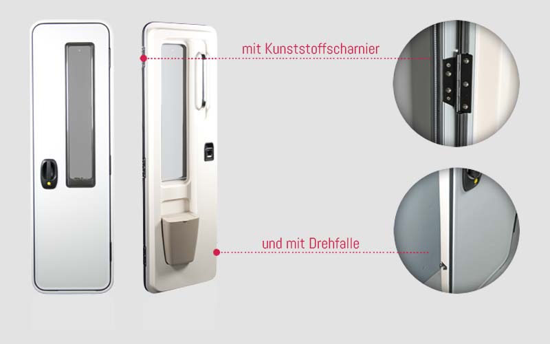 Ansicht Wohnmobiltür innen und aussen und Detailansicht Scharnier